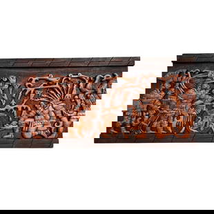 Mayan Sacrifice Hand-Carved Wooden Wall Art: Mayan Sacrifice Hand-Carved Wooden Wall Art This striking hand-carved cedar wood artwork depicts a powerful scene of Mayan sacrifice, inspired by the stone reliefs of Chichen Itzá’s Great Ballcourt