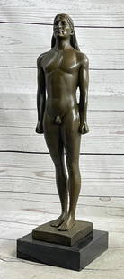 Youth Ancient Greek Kourus Nude Male Bronze Statue on Marble Base - 16" x 4.5": Youth Ancient Greek Kourus Nude Male Bronze Statue on Marble Base - 16&#34; x 4.5&#34; This bronze sculpture embodies the artistic ideals of ancient Greek aesthetics, presenting a Kouros—an embodime