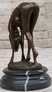 Flow of Grace Nude Woman Bronze Sculpture -8" x 5": Flow of Grace Nude Woman Bronze Sculpture -8&#34; x 5&#34;  A mesmerizing original bronze sculpture inspired by and bearing the signature of artist Cesaro. This sculpture captures a nude woman in a de