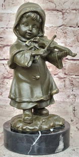 Bronze Girl Violinist: Melodies in Bronze: Bronze Girl Violinist: Melodies in Bronze  This graceful bronze sculpture captures the quiet elegance of a young girl immersed in her music. Standing tall as she plays the violin, she wears a hooded j