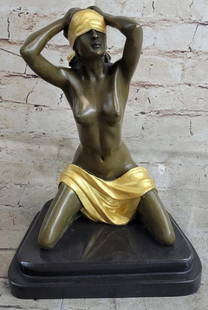 Blindfolded Female Erotic Nude Woman Bronze Sculpture - 12" x 9": Blindfolded Female Erotic Nude Woman Bronze Sculpture - 12&#34; x 9&#34;  A nude, captive woman awaits her savior. She sits on her heels and slightly arches her back, bringing her hands up behind her