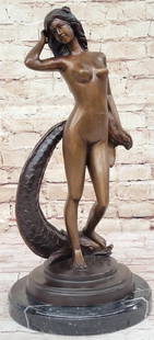Aquatic Harmony - Signed Original Bronze Sculpture of Sea Nymph with Fish by Collett - 16" x 8": Aquatic Harmony - Signed Original Bronze Sculpture of Sea Nymph with Fish by Collett - 16&#34; x 8&#34;  Immerse yourself in the captivating elegance of &#34;Aquatic Harmony,&#34; a bronze sculpture b