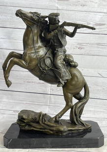 Original Western Cowboy Firing Rifle from Horseback Bronze Sculpture - 14" x 12": Original Western Cowboy Firing Rifle from Horseback Bronze Sculpture - 14" x 12" It`s the Wild Wild West! This gunslinger, comfortable on his rearing horse, looks over the horse`s