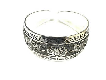 Tibetan Silver Floral & Pheonix Decorated Bangle: Tibetan Silver Floral &amp; Phoenix Decorated Bangle. The Phoenix, In The Culture Of China, The King Of All Birds Of High Virtue And Grace.   View Photos For More Details.
