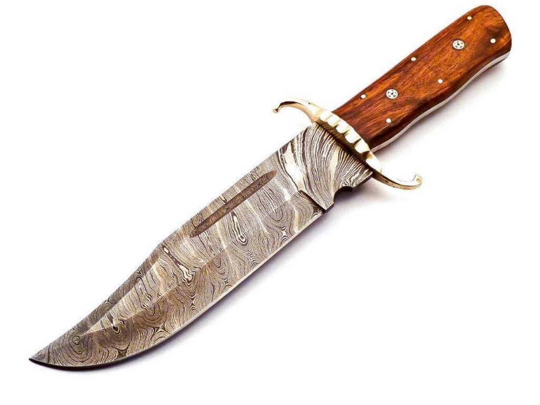 Brass "S Guard" Wood Handled Damascus Bowie Hunting Knife (1 of 1)