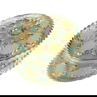 Beautiful Circular Jewelry Box with Austrian Crystals: Beautiful Circular Jewelry Box with Austrian Crystals.  Turquoise, pink, and yellow colouring with bue gemstones and tulip painted details.  -Plated with 24K Gold or 925 Silver -Each crystal is handpi