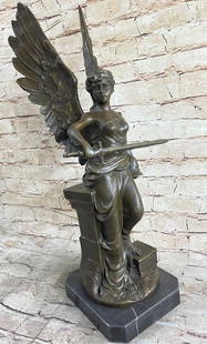 Inspired Winged Angel Warrior With Weapon Bronze Sculpture - 22" x 8": Inspired Winged Angel Warrior With Weapon Bronze Sculpture - 22&#34; x 8&#34;  Behold the captivating presence of the Divine Angel, emanating a celestial radiance as she gazes resolutely into the cosm