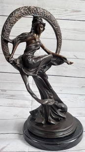 Girl Sitting on the Moon Bronze Statue Sculpture Art Deco Nouveau 17" x 10": Girl Sitting on the Moon Bronze Statue Sculpture Art Deco Nouveau 17&#34; x 10&#34;  Immerse yourself in the enchanting presence of the Dream Goddess, a captivating bronze sculpture that exudes an aur