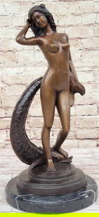 Aquatic Harmony - Signed Original Bronze Sculpture of Sea Nymph with Fish by Collett - 16" x 8": Aquatic Harmony - Signed Original Bronze Sculpture of Sea Nymph with Fish by Collett - 16&#34; x 8&#34;  Immerse yourself in the captivating elegance of &#34;Aquatic Harmony,&#34; a bronze sculpture b