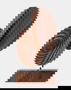 "The Space Between" Wooden Abstract Sculpture: &#34;The Space Between&#34; Wooden Abstract Sculpture A sculptural exploration of balance and texture, featuring two carved wooden ovals—one with radiating rings, the other with linear grooves—mou