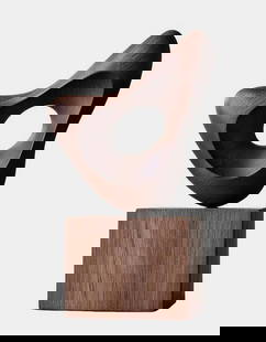 Flowform Wooden Sculpture on Base: Flowform Wooden Sculpture on Base This mesmerizing abstract sculpture features a fluid, asymmetrical design carved from richly grained wood. The central aperture invites light and movement through the