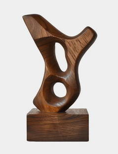 Organic Rhythm Wooden Abstract Sculpture: Organic Rhythm Wooden Abstract Sculpture  This captivating abstract sculpture is expertly crafted from natural wood, showcasing a dynamic interplay of smooth curves and precise geometric cutouts. The