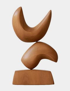“Balance in Curves?? Wooden Abstract Sculptures: “Balance in Curves&rdquo; Wooden Abstract Sculptures  A striking abstract sculpture crafted from polished wood, featuring two crescent-like forms delicately balanced atop a rectangular base. The smo
