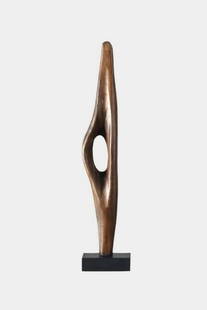 Handcrafted Wooden Sculpture with Open Center: Handcrafted Wooden Sculpture with Open Center A finely carved wooden sculpture featuring a smooth, elongated oval shape with a central void, mounted securely on a black rectangular base. The surface i