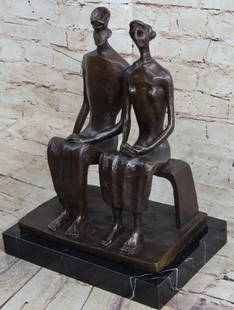 Silent Companions Abstract Man & Woman on Bench Sculpture: Silent Companions Abstract Man &amp; Woman on Bench Sculpture  A contemplative and emotive bronze sculpture reproduction inspired by the abstract language of Henry Moore, depicting a man and woman sea