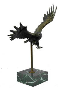 Wings of Vigilance American Eagle Bronze Sculpture: Wings of Vigilance American Eagle Bronze Sculpture  A powerful and majestic bronze sculpture of an American eagle in mid-flight, created in the dynamic style of artist Milo and bearing his signature.