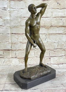 Masculine Allure Nude Male Bronze Sculpture: Masculine Allure Nude Male Bronze Sculpture  This striking hot cast bronze sculpture features a nude male figure captured in a bold, sexually charged pose that radiates strength and confidence. Every