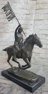 Native American Man On Horse Bronze Sculpture: Native American Man On Horse Bronze Sculpture  This Is A Particularly Detailed Sculpture Of A Native American Man On His Horse. The Horse Is Young But Strong And Stands Calmly As The Rider holding a f