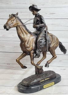 Trooper of the Plains by Frederic Remington Bronze Statue Sculpture Western 17" x 19": Presenting a remarkable reproduction of a beloved bronze sculpture that embodies the spirit of the Wild West. This sculpture depicts a seasoned cowboy on patrol, capturing his alertness and quick reac