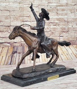 Western American Cowboy on Horseback Bronze Sculpture - 16" x 17": Western American Cowboy on Horseback Bronze Sculpture - 16&#34; x 17&#34;   A celebration of American heritage and craftsmanship, the handcrafted bronze sculpture titled &#34;Will Rogers&#34; by C.M.