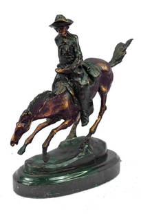 Frederic Remington Cowboy on Horse Art Deco Western Bronze Sculpture - 9" x 10": Frederic Remington Cowboy on Horse Art Deco Western Bronze Sculpture - 9&#34; x 10&#34;  The Arizona Cowboy bronze statue, inspired by Frederic Remington, is handmade and cast in the traditional Lost