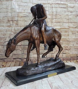 End of the Trail James Fraser Western Bronze Sculpture Native American 21" x 22": This captivating bronze sculpture depicts a touching scene of a man and his horse. The man is depicted with his head lowered, seemingly lost in slumber. This particular moment showcases the trust and