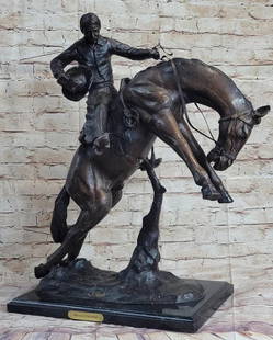 Bronco Twister & Cowboy Bronze Sculpture - 23" x 24": Bronco Twister &amp; Cowboy Bronze Sculpture - 23&#34; x 24&#34;  Bronco Twister&#34;, a bronze statue inspired by C.M. Russell&#96;s famous pieces, is handmade and cast in the traditional Lost Wax Ca