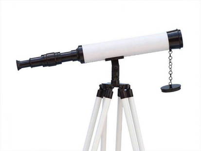 50"  Bronze with White Leather Harbor Master Telescope With Stand: 50&#34; Bronze with White Leather Harbor Master Telescope With Stand Enhance your exploration experience with the Floor Standing Bronze with White Leather Harbor Master Telescope, boasting 12X magnifi