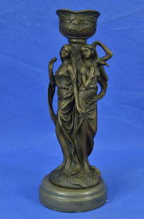 Art Deco Dual Female Candle Holder Sculpture - 11.5" x 4.5": Art Deco Dual Female Candle Holder Sculpture - 11.5&#34; x 4.5&#34;  Emanating timeless elegance, this bronze sculpture captures the essence of the Art Deco era through two delicately fashioned female