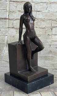 Contemplative Girl Original Bronze Sculpture by Miguel Lopez (Milo) - 11" x 4.5": Femme Fatale Leaning Nude Woman Original Bronze Art Sculpture on Marble Base - 10&#34; x 5&#34; Embark on a journey of mesmerizing allure with this extraordinary bronze sculpture, capturing a woman st
