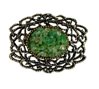 Jade Frost Petite Gemstone Brooch: Jade Frost Petite Gemstone Brooch Elevate your elegance with the &#34;Jade Frost Petite Gemstone Brooch.&#34; Delicately crafted, each brooch boasts genuine jade gemstones that shimmer like frost, add
