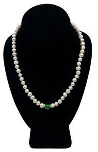 18" Genuine White Freshwater Pearl Necklace, Bracelet & Earring Set: 18&#34; Genuine White Freshwater Pearl Necklace, Bracelet &amp; Earring Set. The Bracelet &amp; Necklace Have a Centered Green Jade Bead With Crystal Beads On Each Side. A Lovely Matching Set For The