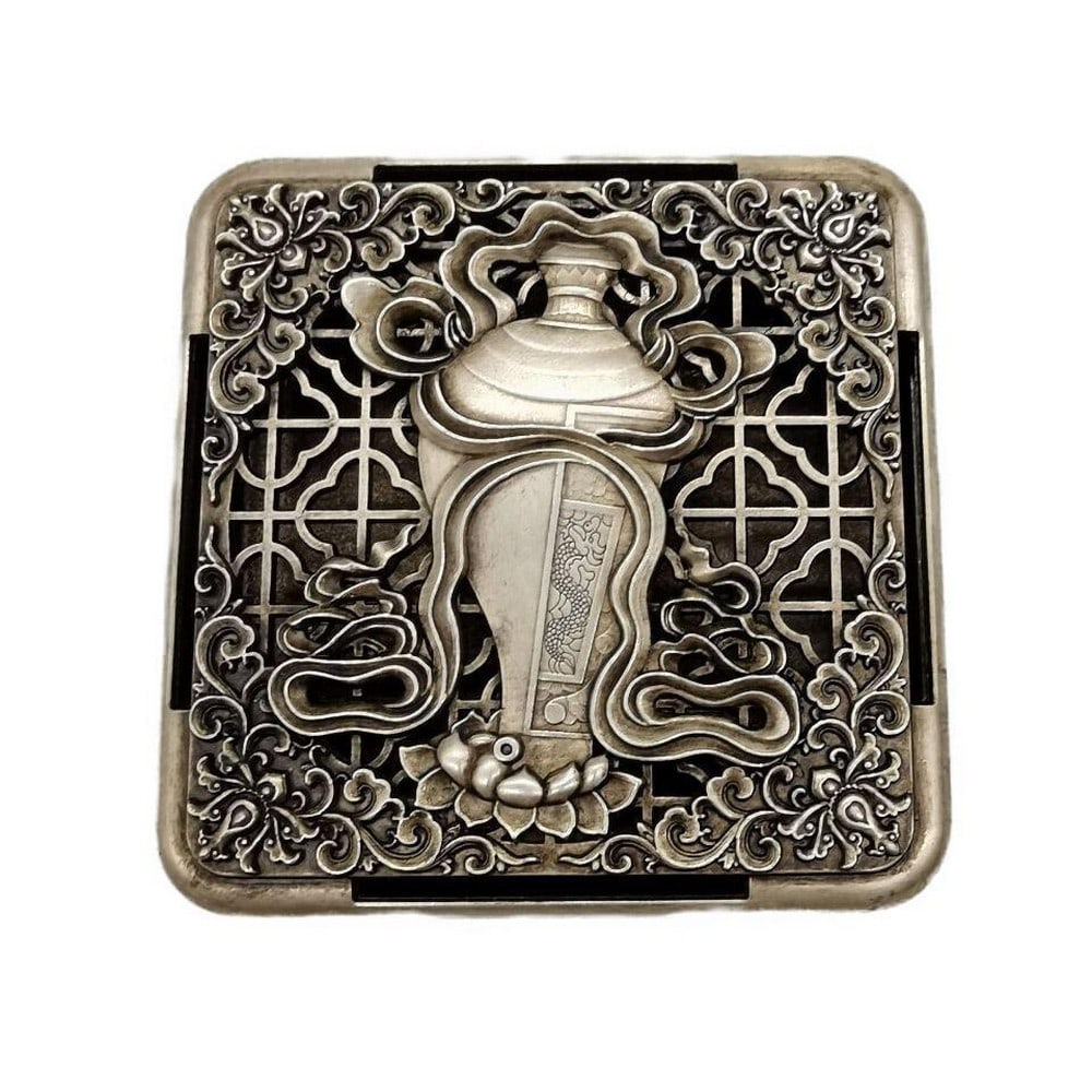 Handmade Chinese Miao Silver Lotus Flower Inkstone Box (1 of 3)