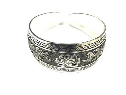 Tibetan Silver Floral & Pheonix Decorated Bangle: Tibetan Silver Floral &amp; Phoenix Decorated Bangle. The Phoenix, In The Culture Of China, The King Of All Birds Of High Virtue And Grace.   View Photos For More Details.
