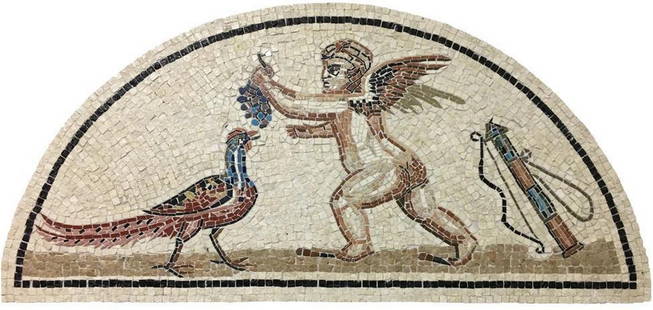 Eros and Pheasant - Mosaic Fragment: Eros and Pheasant - Mosaic Fragment  This mosaic fragment is the reproduction of a part of the original &#34;Mosaico de los Amores&#34; found in Cástulo. This masterpiece is an entirely handmade mosa