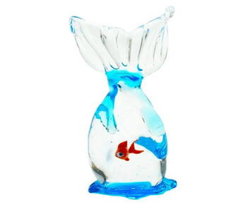 Fish In A Bag Murano Glass Paper Weight: Fish In A Bag Murano Glass Paper Weight  This murano glass sculpture depicts a gold fish in a bag from the aquarium. Dimensions: 1.8&#34; x 1.8&#34; x 2&#34;  View Photos For Further Details.