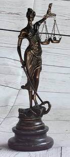 Justice Embodied: Lady Blind Justice - Inspired Bronze Statue on Marble Base by Mayer - 9" x 4": Justice Embodied: Lady Blind Justice - Inspired Bronze Statue on Marble Base by Mayer - 9&#34; x 4&#34;  &#34;Justice Embodied&#34; is a striking bronze statue portraying Lady Blind Justice, a symbol