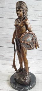 Sovereign Spirit: Bronze Sculpture of an Indian Chief Inspired by C.M. Russell - 22" x 9": Sovereign Spirit: Bronze Sculpture of an Indian Chief Inspired by C.M. Russell - 22&#34; x 9&#34;  Sovereign Spirit: Bronze Sculpture of an Indian Chief by C.M. Russell invites you to delve into the r
