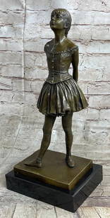 The Little Fourteen Year Old Dancer Bronze Ballerina Sculpture after Edgar Degas: The Little Fourteen Year Old Dancer Bronze Ballerina Sculpture after Edgar Degas  Bronze Dimensions with Marble Base: Height 15.5 Inches X Width 7 Inches Marble Dimensions:7 Inches X 5.5 Inches Height