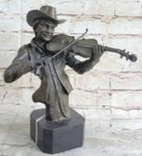 Cowboy Playing Fiddle Music Bronze Sculpture: Cowboy Playing Fiddle Music Bronze Sculpture  This spectacular piece of art is truly a masterpiece. He plays his violin while he gracefully smiles. He has this distinguish finish to him in where he is