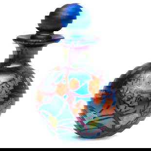 "California Poppy" Blue Round Glass Perfume Bottle by Carl Radke: &#34;California Poppy&#34; Blue Round Glass Perfume Bottle by Carl Radke Crafted with meticulous care and a generous amount of pure silver, these Blue California Poppy Round Glass Perfume Bottles are