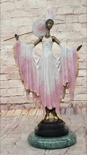 Silent Seduction Bronze Sculpture Art Deco Fan Lady: Silent Seduction Bronze Sculpture Art Deco Fan Lady.  This bronze sculpture is inspired by the artist J. Erté and bears his signature. It is a captivating Art Deco bronze sculpture that beautifully c