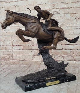 Remington Inspired Native American On Horseback Bronze Sculpture - 17" x 19": Remington Inspired Native American On Horseback Bronze Sculpture - 17&#34; x 19&#34;  A native American Indian gallops across the desert with his horse. Armed with a spear, he leans into his horse&#96