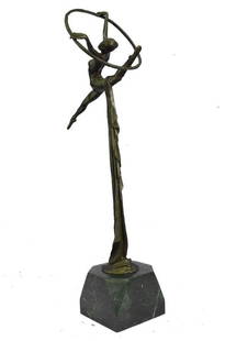 Original Miguel Lopez Gymnast Trapeze Artist Bronze Sculpture: Original Miguel Lopez Gymnast Trapeze Artist Bronze Sculpture  The beautiful Gymnast is seen leaping into the air as a fabric banner, coated in a vibrant brown patina, twines itself around her sculpte