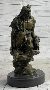 Signed Original Warrior Squatting On Rock Bronze Sculpture - 13" x 6.5": Signed Original Warrior Squatting On Rock Bronze Sculpture - 13&#34; x 6.5&#34;  A Native American warrior sits on a rugged stone. He grasps his hand-carved spear firmly in his hand. As he leans and r