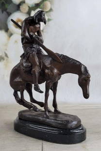 Fraser Inspired Hunting Man On Horseback Bronze Sculpture - 10" x 9": Fraser Inspired Hunting Man On Horseback Bronze Sculpture - 10&#34; x 9&#34;   This sculpture features a man and his horse. He has his head completely down and it appears to be that he has fallen asle