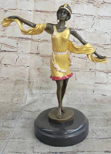 Gold Patina Roaring Twenties Flapper Dancer Bronze Sculpture: Gold Patina Roaring Twenties Flapper Dancer Bronze Sculpture  Any fan of the Roaring 20’s, Jazz and F.Scott Fitzgerald will adore this stunning Flapper. They were considered to be the “New Breed&r