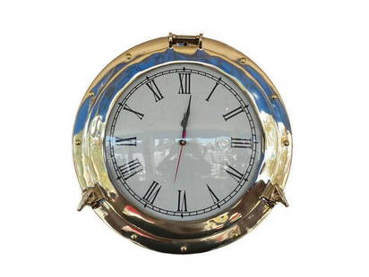 15" Deluxe Class Brass Porthole Clock: 15&#34; Deluxe Class Brass Porthole Clock Introducing the 15&#34; Deluxe Class Brass Porthole Clock—an elegant and high-quality addition that enhances the ambiance of any room with a nautical theme.