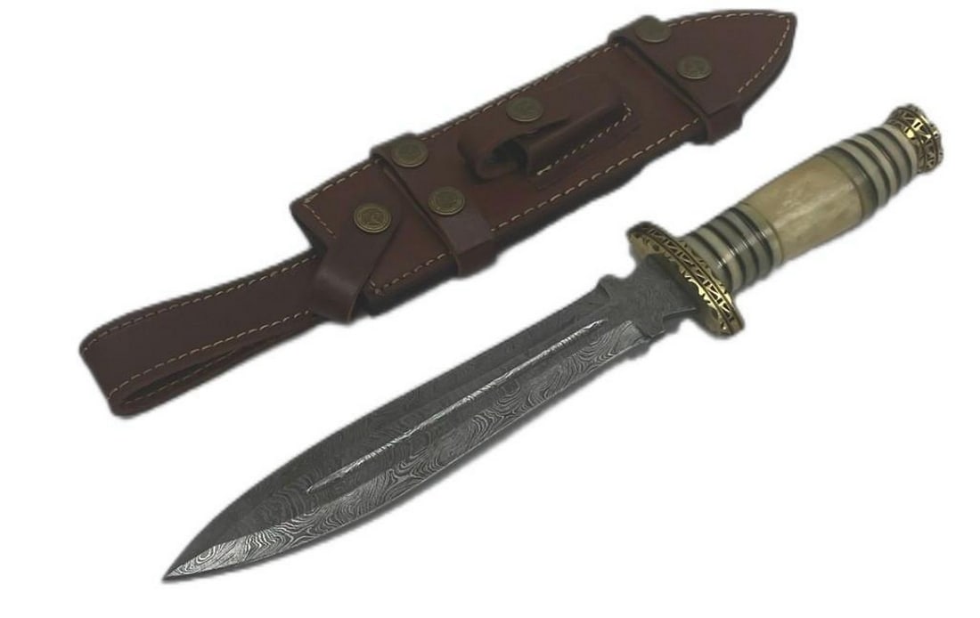 The Recruits Damascus Dagger: Custom Handmade Damascus Steel Dagger Hunting Dagger Knife Handle Camel Bone with Brass Spacer Damascus Steel Blade with 256 Layers on it. HARDNESS 56-60 H R C VERY HIGH QUALITY GENUINE LEATHER SHEATH