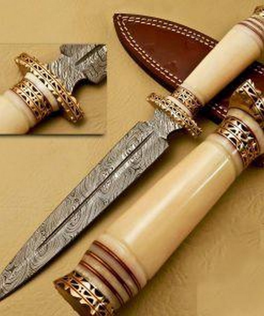 The Suns Terror Damascus Dagger: Custom Handmade Damascus Steel Dagger Hunting Dagger Knife Handle Camel Bone with Brass Spacer Damascus Steel Blade with 256 Layers on it. HARDNESS 56-60 H R C VERY HIGH QUALITY GENUINE LEATHER SHEATH